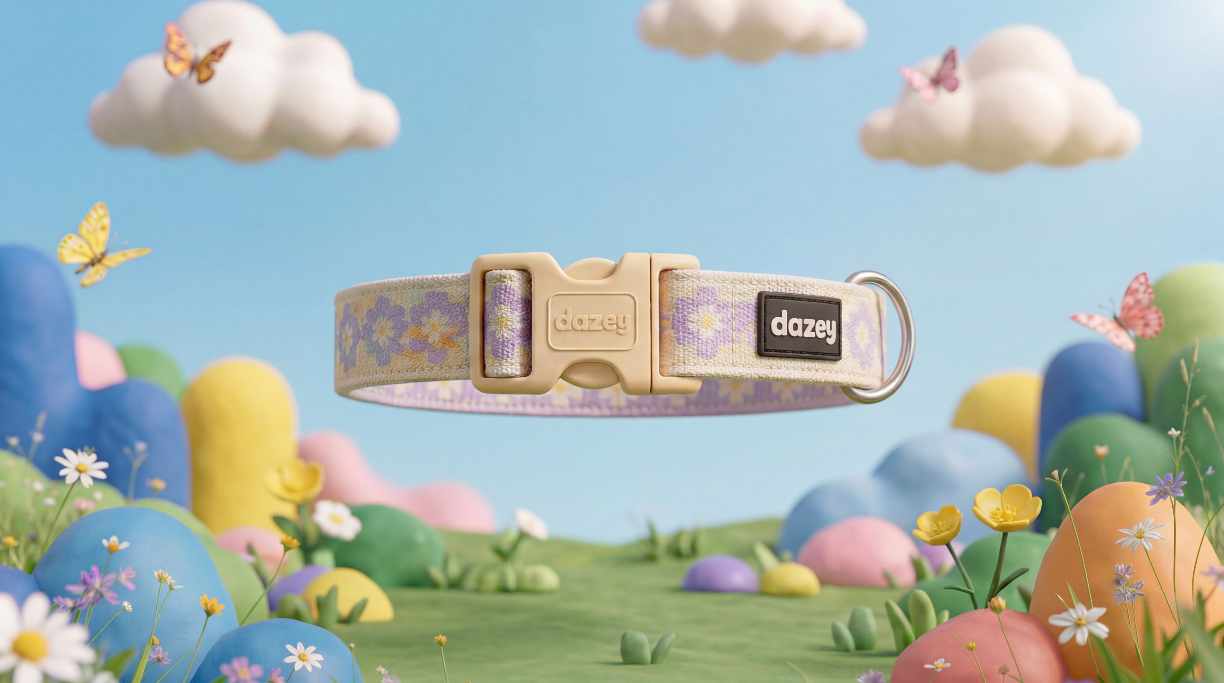 A dog collar resting in a sunny springtime meadow surrounded by flowers and pastel eggs